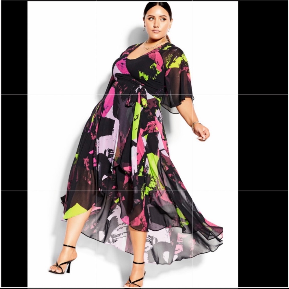 Black Sheer “Paint Splatter” Maxi Wrap Dress with High-Low Hem